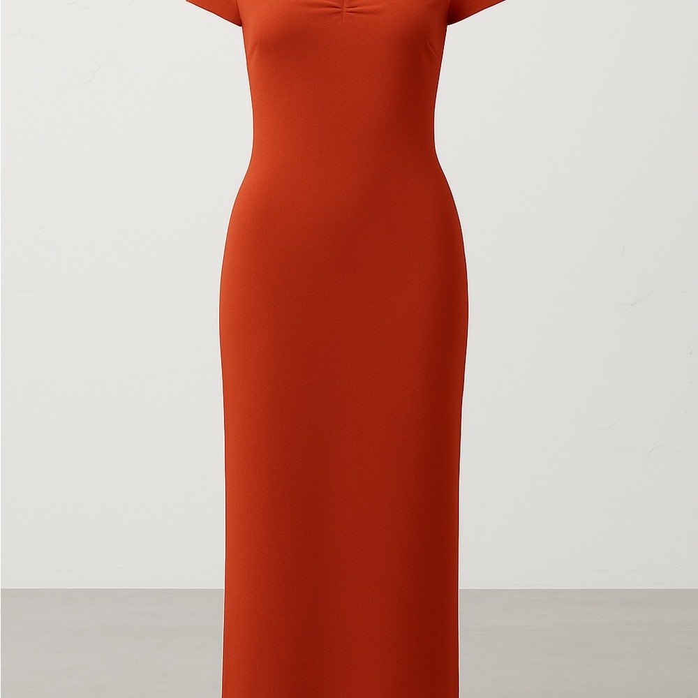 BANNA REPUBLIC FACTORY OFF-SHOULDER KNIT MIDI DRESS in SCHORCHED ORANGE.